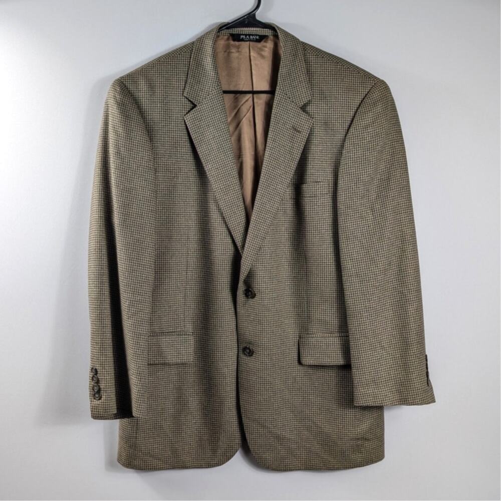 Jos A Bank Mens 43R Tan Houndstooth Sport Coat Silk Wool Blend Blazer Jacket